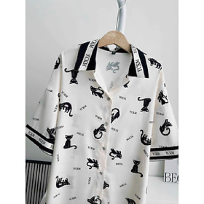 Đầm Ngủ Sơ Mi Lụa Quảng Châu Cổ Vuông Họa Tiết Mèo Con Dễ Thương