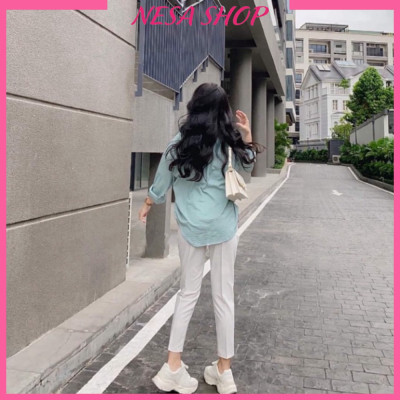 Áo sơ mi nữ form rộng dài tay NeSa Shop, Chất liệu Đũi mềm mịn, thoáng mát, áo kiểu nữ form rộng SMH.038