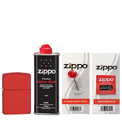 Combo 4 sản phẩm : Bật lửa Zipp Matte Red 233+Xăng+Đá+Bấc