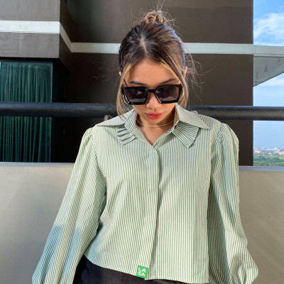 LAAS Somi tay phòng sọc xanh dịu dàng thanh lịch nữ tính