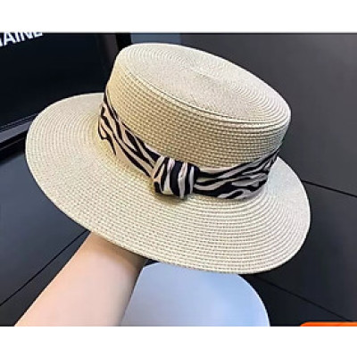 Nón mũ rộng vành nhỏ chất liệu cói mũ rộng vành đi biển phối đai vân sọc Zebra mẫu mới thời trang Hàn Quốc dona24082505