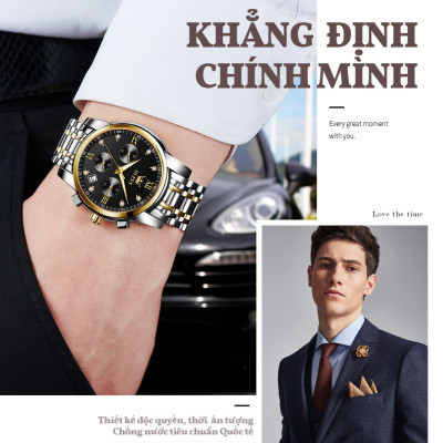 Đồng Hồ Nam OLEVS-2858 Mặt Tròn Mạ Vàng 18k Chống Nước Chạy Đủ 6 Kim Có Ô Lịch Ngày Khóa Bướm Có Hộp In Logo Chính Hãng