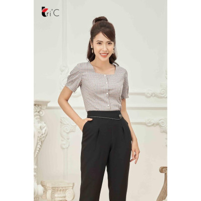 Áo Sơ mi kẻ caro cổ vuông, tay bồng Tri