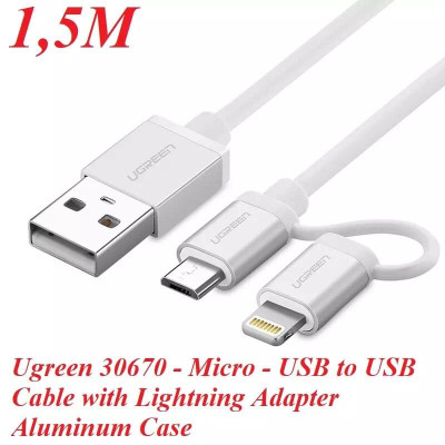Ugreen UG30670US165TK 1.5M màu Bạc Cáp sạc đa năng USB sang MicroUSB + Lightning - HÀNG CHÍNH HÃNG