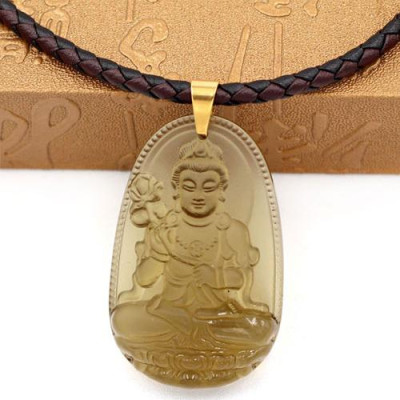 Vòng cổ dây da Đại Thế Chí Bồ Tát đá Obsidian 5cm - phật bản mệnh tuổi Mùi, tuổi Thân