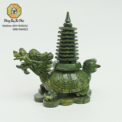 Tượng Long Quy cõng tháp văn xương 9 tầng , đá sarphentine màu xanh,Kích thước cao 18 x 17 x 10 cm, nặng 1,3kg