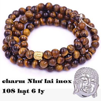 [Mệnh Kim, Thổ] Bộ Vòng Chuỗi, Tràng Hạt 108 Hạt 6 Ly Đá Mắt Hổ Vàng Đen Charm Phật A Di Đà Inox - Tràng Chuỗi Niệm Phật - An Yên - Thịnh Vượng - May Mắn - Tài Lộc
