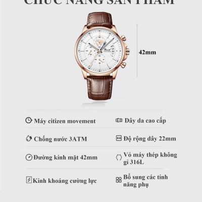 Đồng hồ nam chống nước DIZIZID chính hãng dây da cao cấp - Chạy full 6 kim và lịch ngày - Chống nước tốt - Kim dạ quang - Tặng kèm pin dự phòng DZDT69