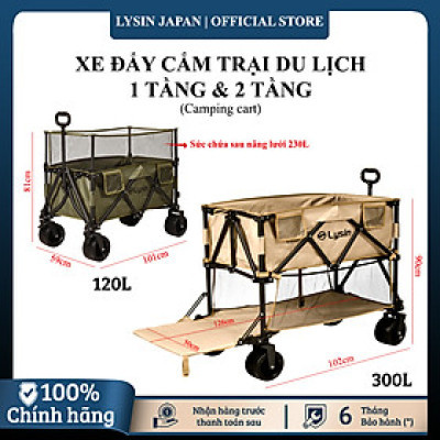 Xe kéo dã ngoại 2 tầng ngoài trời du lịch cắm trại, picnic đa năng bánh xe rộng có khóa cố định dung tích 300l gấp gọn được camping