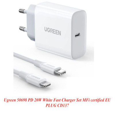 Ugreen UG50698CD137TK 1M PD 20W USB-C 3.0 Màu Trắng Bộ sạc + cáp sạc nhanh Lightning dành cho iPhone 13 12 Pro Max 11 Pro SE 2022 X XS XR 8 Plus - HÀNG CHÍNH HÃNG