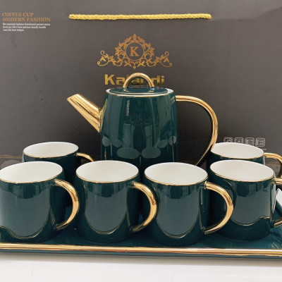 Bộ ấm chén kèm khay sứ sương  Kalandi  phong cách Châu Âu sang trọng màu xanh cổ vịt - ANTH477