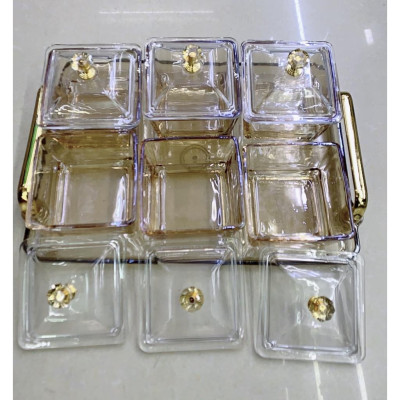 Bộ Mứt Thủy Tinh Chữ Nhật Decor Siêu Xinh | Khay bánh kẹo đựng hoa quả mứt tết 6 ngăn vuông có nắp - thố thủy tinh Cao Cấp