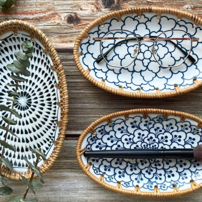 Khay trang trí bằng mây, khay gốm sứ viền mây ECOHUB, đựng đồ trang sức, bộ quà tặng nhà mới (Rattan Decorative Tray)