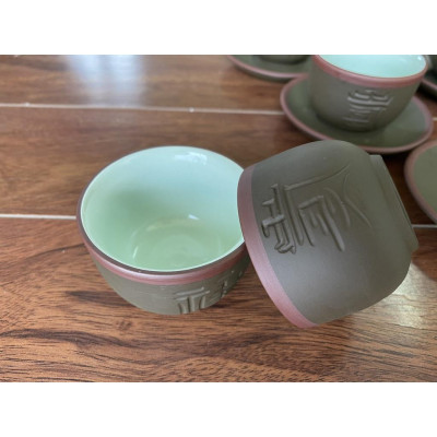 Ấm Chén Trà Tử Sa Khắc Chữ Phúc Lộc Thọ Bát Tràng Tống Xanh Chỉ Đỏ lòng xanh