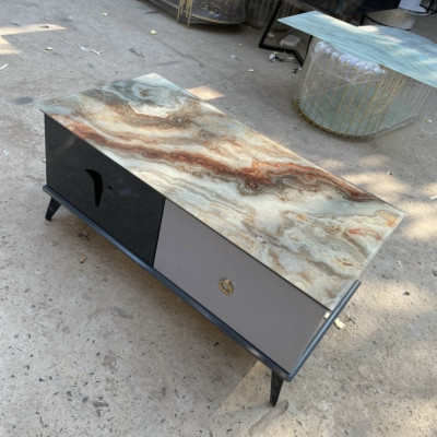 Bàn trà mặt kính vân xám mẫu mới 2023 Tundo KT50x100x45cm