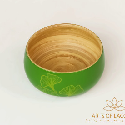 Bát Sơn Mài Xanh Lá Cây Họa Tiết Lá Bạch Quả