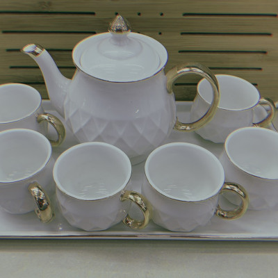 Bộ ắm chén pha trà kèm khay sứ camelia trắng vân caro - ANTH468