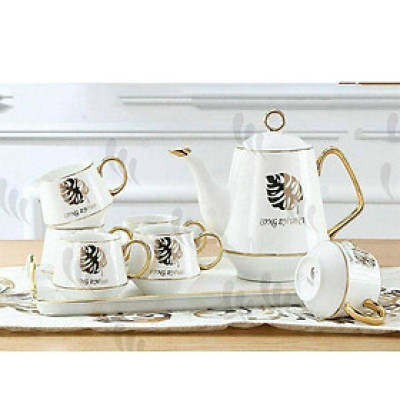 Bộ ấm chén kèm khay pha trà cà phê trắng họa tiết là vàng