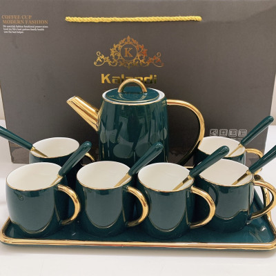 Combo Bộ bình trà cà phê sứ sương Kaandi cao cấp kèm 6 thìa cán sứ cùng màu phong cách Châu âu sang trọng màu xanh cổ vịt - ANTH477