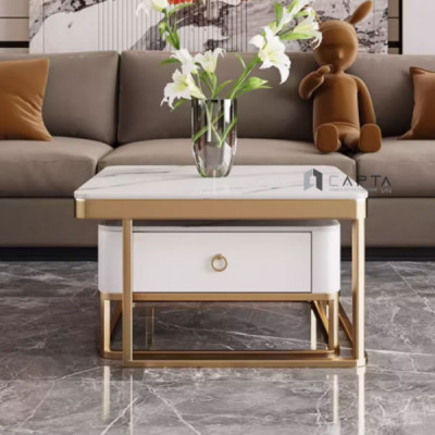 Bàn sofa phòng khách chân inox TS0974-08E Nội thất Capta Bàn sofa lồng nhau mặt đá Ceramic màu trắng vân mây hoặc xám hoa chân inox 201 mạ màu vàng bóng tại tp hcm
