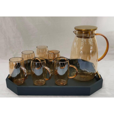 COMBO BỘ BÌNH CỐC THỦY TINH MÀU VÀNG GÔN CHỊU NHIỆT CAO CẤP KÈM KHAY ( KHAY XANH GIAO NGẪU NHIÊN )