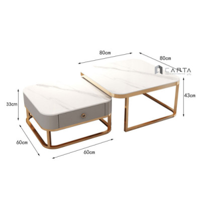 Bàn sofa phòng khách chân inox TS0974-08E Nội thất Capta Bàn sofa lồng nhau mặt đá Ceramic màu trắng vân mây hoặc xám hoa chân inox 201 mạ màu vàng bóng tại tp hcm