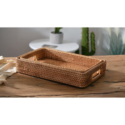 Khay mây chữ nhật ECOHUB có tay cầm đựng trà, hoa quả, đồ ăn,  trang trí, để đồ dùng sắp xếp đồ vật gọn gàng hơn.