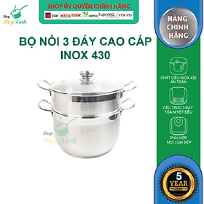 Bộ xửng hấp 3 đáy inox 430 FiveStar Standard  nắp kính size 26cm tặng 5 muỗng ăn