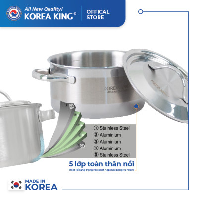 KP-24S5PLY Nồi inox 5 lớp đáy liền Korea King (Nồi, nắp đều bằng inox, đường kính 24cm, dung tích 5L)-Hàng chính hãng