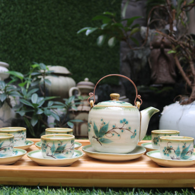 Bộ ấm trà men bóng vẽ trúc xanh