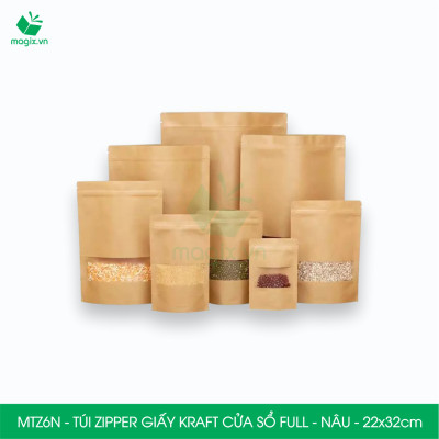 MTZ6N - 22x32cm - Combo 50 Túi Zipper giấy Kraft Nâu đáy đứng có cửa sổ