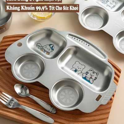KHAY INOX 304 CAO CẤP KHAY ĂN DẶM TRAVELER 4 NGĂN DÀNH CHO BÉ ĐÁNG YÊU - KHÁNG KHUẨN 99,9%