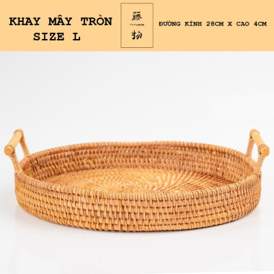 Khay mây hình tròn có tay cầm đựng bánh mì bánh kẹo trái cây làm decor