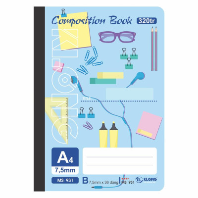 Sổ kẻ ngang may dán gáy Composition book KLONG A4 320 trang 58/92; MS: 931