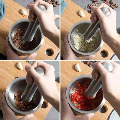 Cối Chày Inox 304  Có Nắp Đậy Cao Cấp – Giã Tỏi Ớt, Gia Vị, Thực Phẩm Nhanh Chóng, Sạch Sẽ Size 10cm