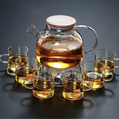 BỘ ẤM CHÉN THỦY TINH PHA TRÀ KÈM KHAY, ĐẾ CHÂM NẾN HÌNH TIM CAO ẤP CHỊU NHIỆT - VD102