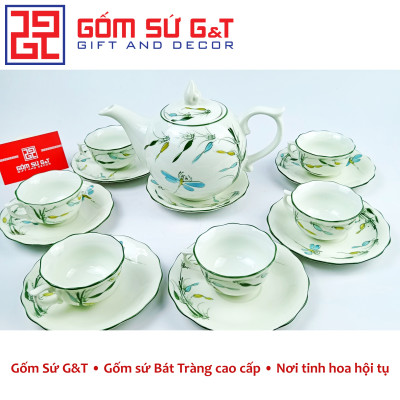Bộ trà chóp lửa men kem vẽ trúc chuồn Gốm Sứ G&T