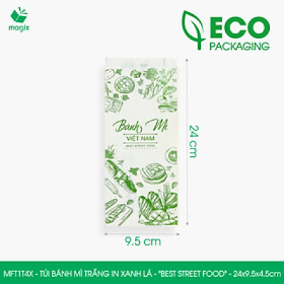 MFT1T4X - 24x9.5x4.5 cm - 500 Túi bánh mì Trắng, in sẵn họa tiết BEST STREET FOOD - Bao bánh mì Túi giấy thực phẩm an toàn