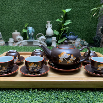Bộ ấm trà lông đào vẽ sen