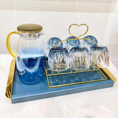 Set 6 Cốc Thuỷ Tinh Lửa Ánh Xanh Có Bình + Khay Bán Kèm Sang Trọng Tinh Tế 