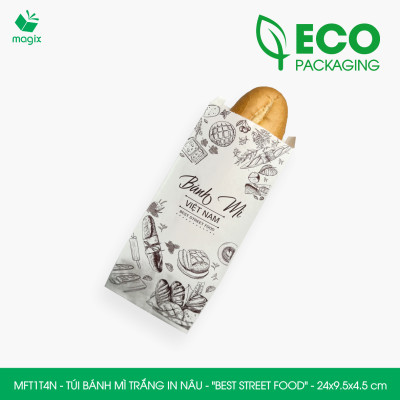 MFT1T4N - 24x9.5x4.5 cm - 100 Túi bánh mì Trắng, in sẵn họa tiết BEST STREET FOOD - Bao bánh mì Túi giấy thực phẩm an toàn