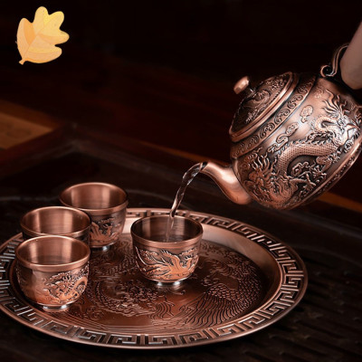 BỘ ẤM CHÉN TRÀ BẰNG ĐỒNG GIẢ CỔ HỌA TIẾT RỒNG - VD95