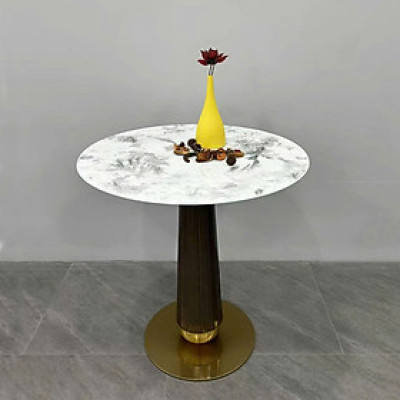 Bàn tiếp khách mặt đá tròn 60 cm TE1553-06E Nội thất Capta mặt đá pha lê trắng vân bông tuyết trắng và đen chân bàn sắt sơn tĩnh điện vân gỗ đế bàn inox mạ màu vàng sang trọng hàng nhập khẩu