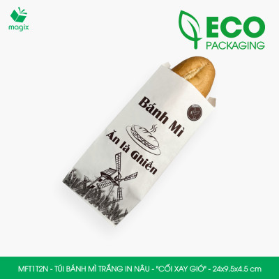 MFT1T2N - 24x9.5x4.5 cm - 100 Túi bánh mì Trắng, in sẵn họa tiết CỐI XAY GIÓ - Bao bánh mì Túi giấy thực phẩm an toàn