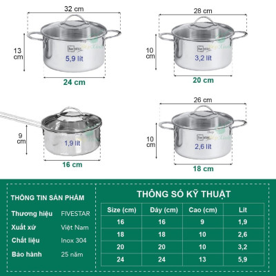 Bộ nồi chảo chống dính sâu lòng tổ ong 3 lớp đáy liền inox 304 Fivestar Plus quai oval nắp kính , tặng 1 sạn inox