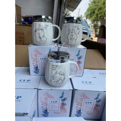 Cốc Sứ Nắp Gương Hình Động Vật Dễ Thương, Ly Sứ Nắp Quai Cầm Tiện Lợi 450ml - HÀNG CHÍNH HÃNG MINIIN