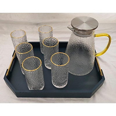 COMBO BỘ BÌNH CỐC THỦY TINH VÂN SẦN CHỊU NHIỆT CAO CẤP KÈM KHAY XANH ( KHAY GIAO NGẪU NHIÊN )