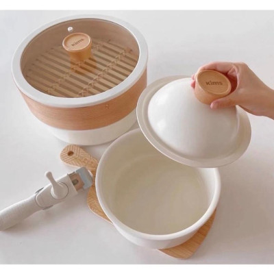 Bộ nồi đa năng tay rời Moonlight_Kimscook-Bộ Nồi Chảo Chống Dính Men Đá Kèm Xửng Hấp KimsCook Tay Cầm Tháo Rời