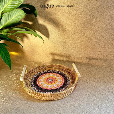 Khay Phục Vụ Tay Cầm ONGTRE Bằng Mây Đáy Gỗ Họa Tiết Đựng Bánh Mì Trái cây Phong Cách Vintage