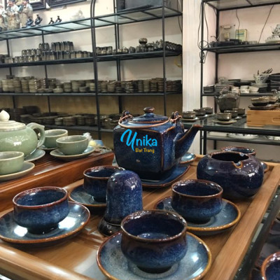 Bộ Ấm trà Vuông Men Xanh Hoả Biến ACTX5 Cao Cấp - Bộ ấm chén trà gốm sứ Bát Tràng